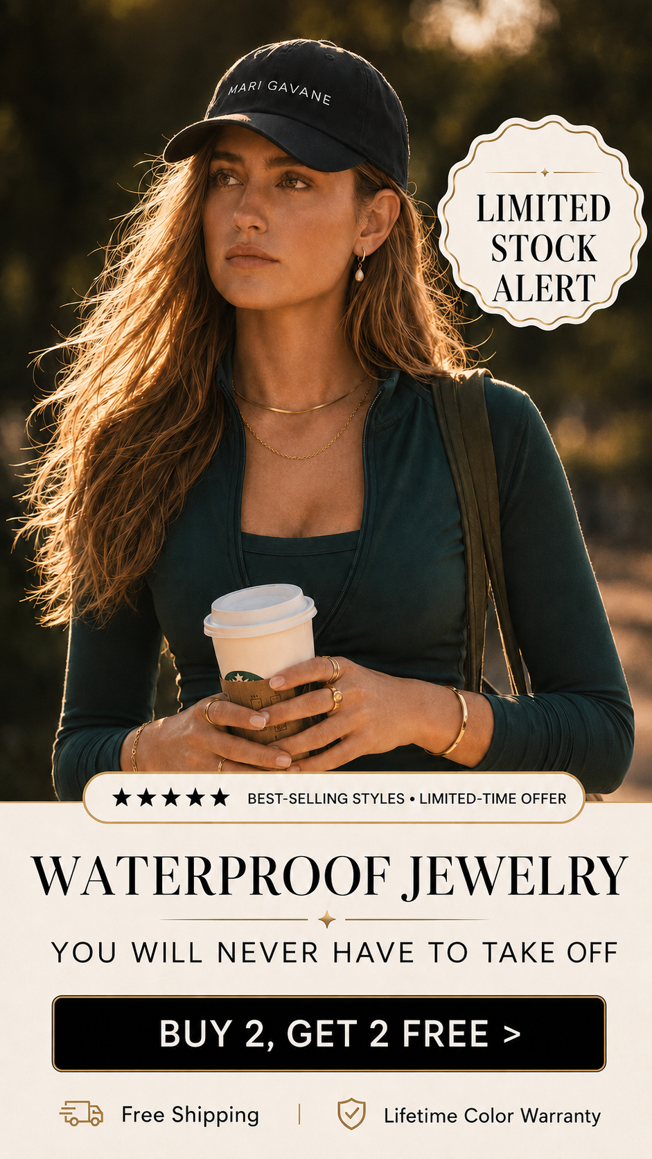 A promotional lifestyle image for waterproof jewelry featuring a woman wearing a black cap with the brand name 'MARI GAVANE' and holding a coffee cup. The image includes text overlays advertising 'LIMITED STOCK ALERT' and 'WATERPROOF JEWELRY' with a 'BUY 2, GET 2 FREE' offer.  by Mari Gavane