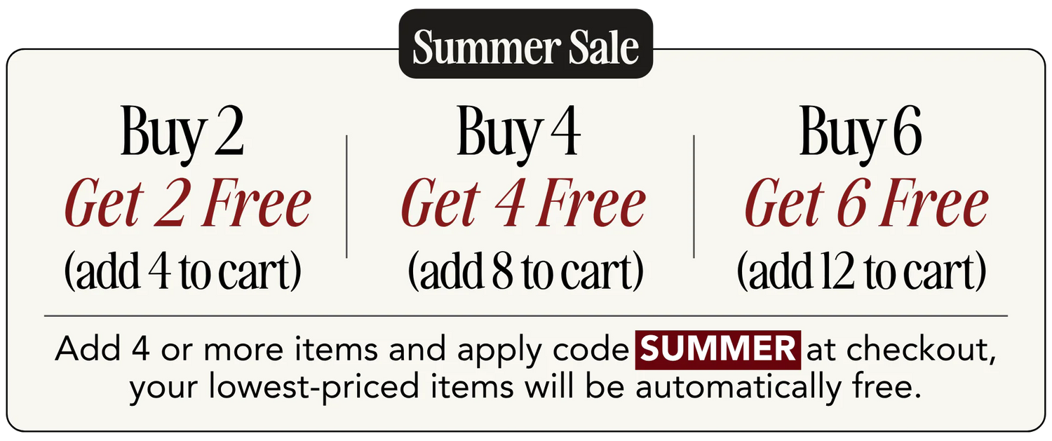 Summer Sale promotional coupon graphic with three offer panels: Buy 2 Get 2 Free, Buy 4 Get 4 Free, and Buy 6 Get 6 Free, plus text to add 4 or more items and apply code SUMMER at checkout.  by Mari Gavane